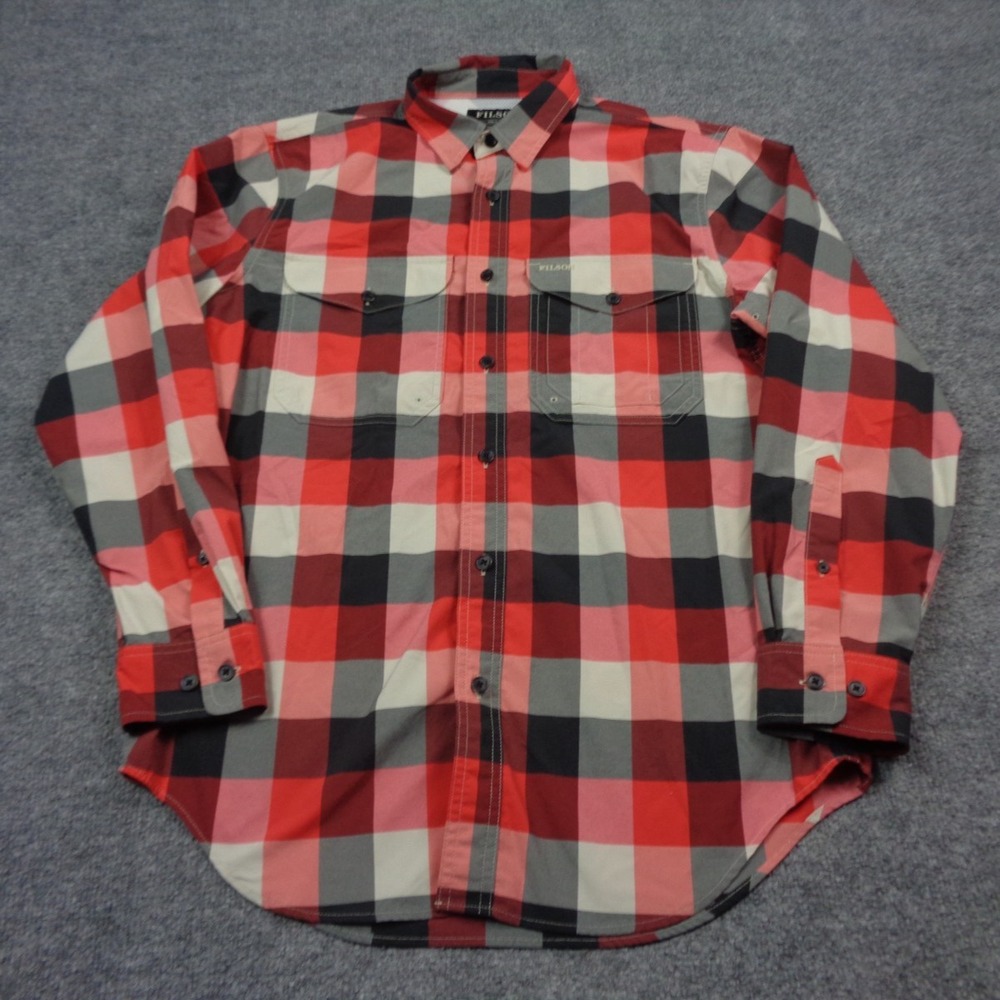 Filson Twin Lakes Sport Shirt Mens S Red Black Cream Plaid UPF 30+ Quick Dry